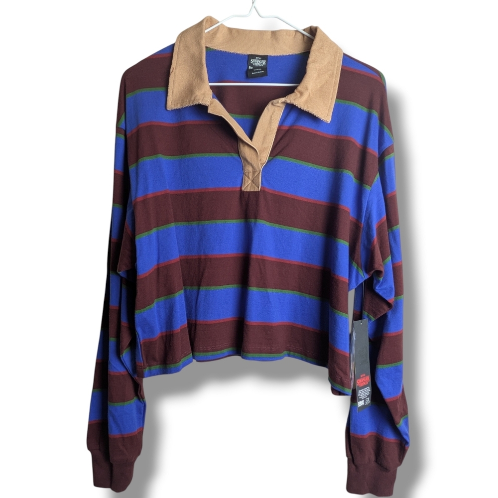 Stranger Things Cropped Rugby Stripe Shirt Womens Size L Retro Polo New